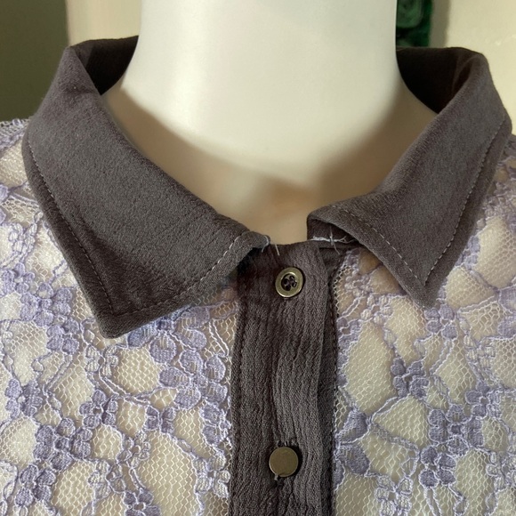 NWOT POL Gray Lavender Sheer Lace Romantic Blouse top shirt button up oversized - Picture 6 of 17